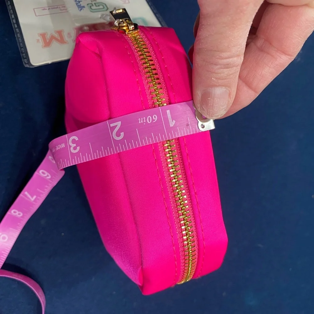 🆕 CUTEST little bright pink pouch w/golden zipper closure& 3 self stick patches